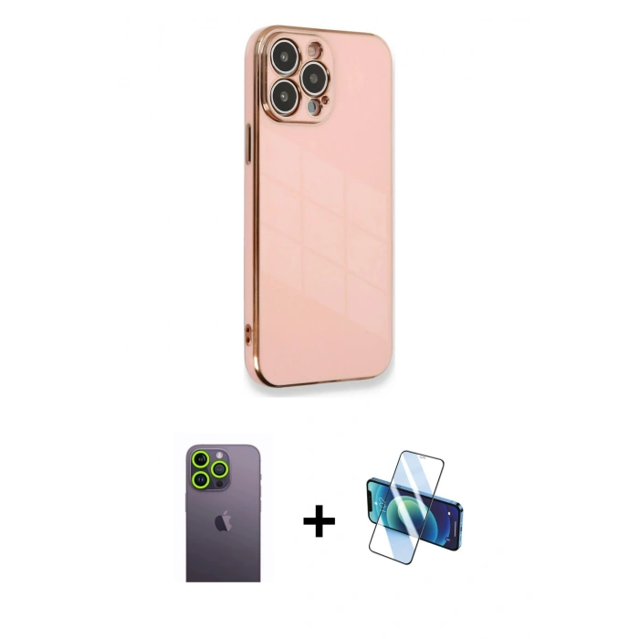MARSİLYAN™- iPhone 13 Pro Max Kılıf Yankı Serisi - Siyah 3D Antistatik Cam Ekran Koruyucu + Neon Fosforlu Kamera Lens - YL