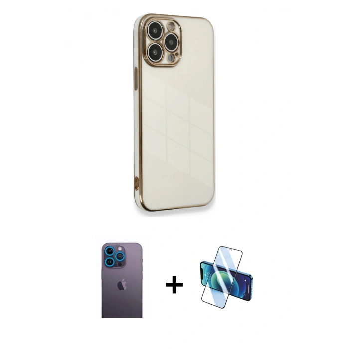 MARSİLYAN™- iPhone 13 Pro Max Kılıf Yankı Serisi - Siyah 3D Antistatik Cam Ekran Koruyucu + Neon Fosforlu Kamera Lens - MI