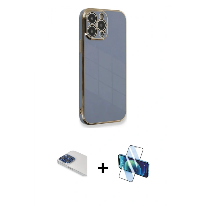 MARSİLYAN™- iPhone 13 Pro Max Kılıf Yankı Serisi - Siyah 3D Antistatik Cam Ekran Koruyucu + Pers Alüminyum Kamera Lens - LT