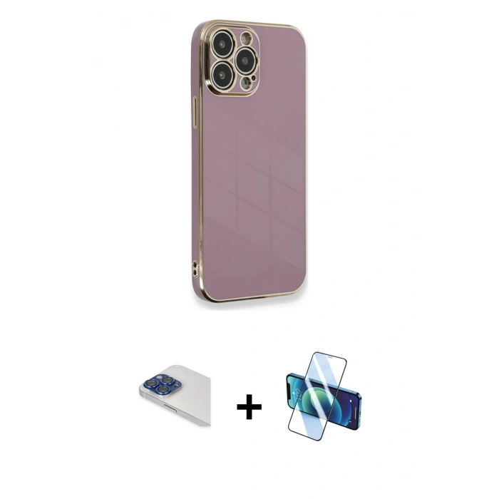 MARSİLYAN™- iPhone 13 Pro Max Kılıf Yankı Serisi - Siyah 3D Antistatik Cam Ekran Koruyucu + Pers Alüminyum Kamera Lens - LT