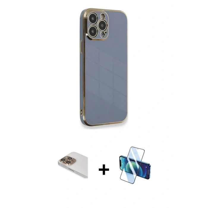 MARSİLYAN™- iPhone 13 Pro Max Kılıf Yankı Serisi - Siyah 3D Antistatik Cam Ekran Koruyucu + Pers Alüminyum Kamera Lens - GD