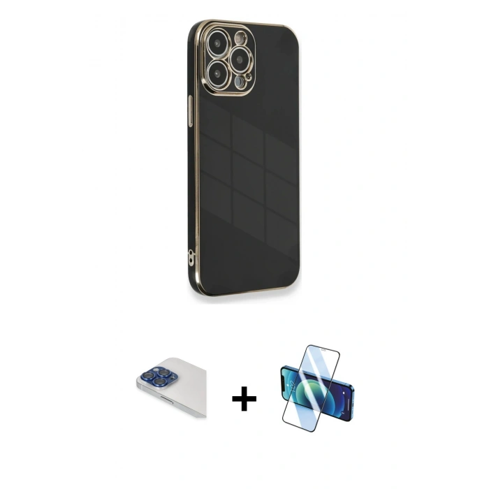 MARSİLYAN™- iPhone 13 Pro Max Kılıf Yankı Serisi - Siyah 3D Antistatik Cam Ekran Koruyucu + Pers Alüminyum Kamera Lens - LT