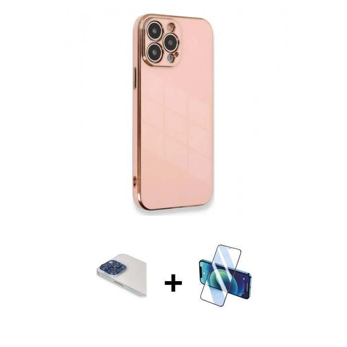 MARSİLYAN™- iPhone 13 Pro Max Kılıf Yankı Serisi - Siyah 3D Antistatik Cam Ekran Koruyucu + Pers Alüminyum Kamera Lens - LT