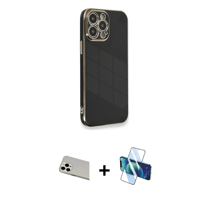 MARSİLYAN™- iPhone 13 Pro Max Kılıf Yankı Serisi - Siyah 3D Antistatik Cam Ekran Koruyucu + Rainbow Kamera Lens Koruma Cam - BZ