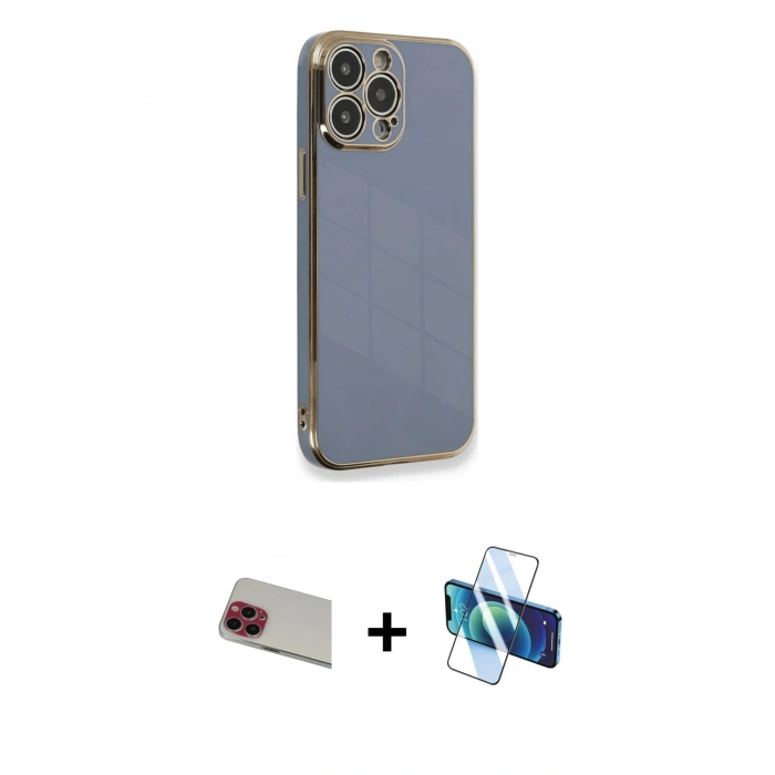 MARSİLYAN™- iPhone 13 Pro Max Kılıf Yankı Serisi - Siyah 3D Antistatik Cam Ekran Koruyucu + Rainbow Kamera Lens Koruma Cam - KI