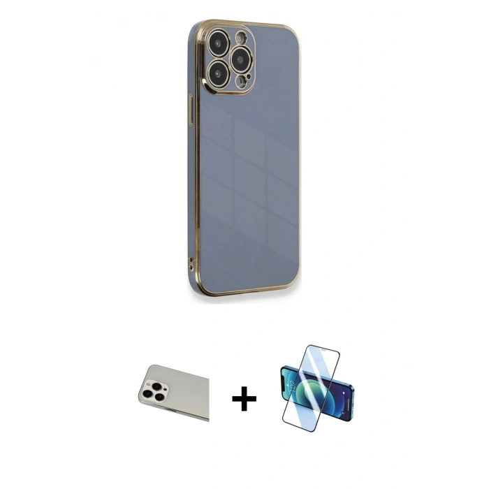 MARSİLYAN™- iPhone 13 Pro Max Kılıf Yankı Serisi - Siyah 3D Antistatik Cam Ekran Koruyucu + Rainbow Kamera Lens Koruma Cam - BZ