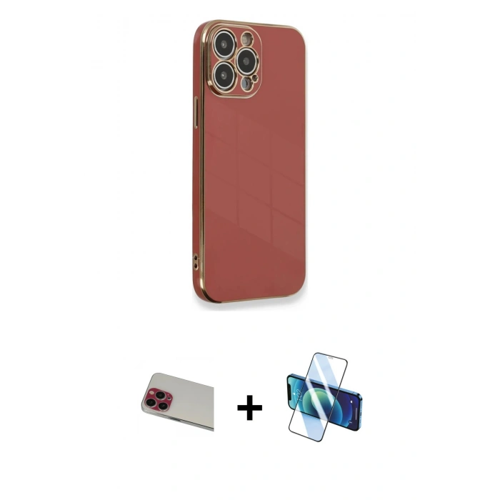 MARSİLYAN™- iPhone 13 Pro Max Kılıf Yankı Serisi - Siyah 3D Antistatik Cam Ekran Koruyucu + Rainbow Kamera Lens Koruma Cam - KI
