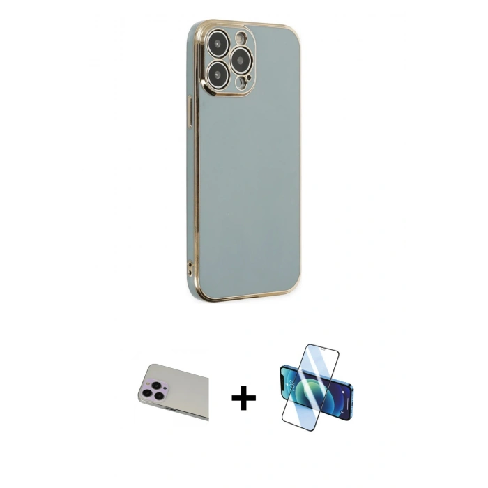 MARSİLYAN™- iPhone 13 Pro Max Kılıf Yankı Serisi - Siyah 3D Antistatik Cam Ekran Koruyucu + Rainbow Kamera Lens Koruma Cam - MR
