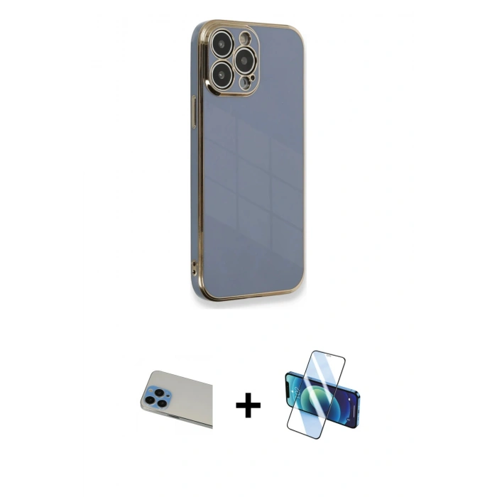 MARSİLYAN™- iPhone 13 Pro Max Kılıf Yankı Serisi - Siyah 3D Antistatik Cam Ekran Koruyucu + Rainbow Kamera Lens Koruma Cam - MI