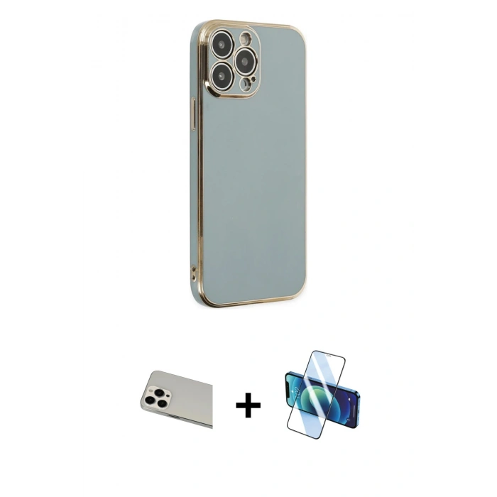 MARSİLYAN™- iPhone 13 Pro Max Kılıf Yankı Serisi - Siyah 3D Antistatik Cam Ekran Koruyucu + Rainbow Kamera Lens Koruma Cam - BZ