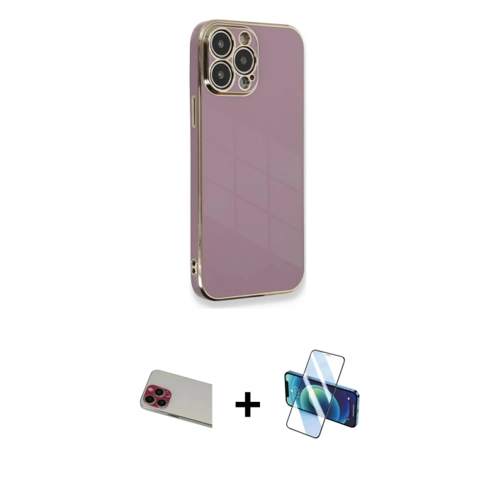 MARSİLYAN™- iPhone 13 Pro Max Kılıf Yankı Serisi - Siyah 3D Antistatik Cam Ekran Koruyucu + Rainbow Kamera Lens Koruma Cam - KI