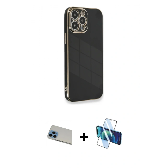 MARSİLYAN™- iPhone 13 Pro Max Kılıf Yankı Serisi - Siyah 3D Antistatik Cam Ekran Koruyucu + Rainbow Kamera Lens Koruma Cam - MI