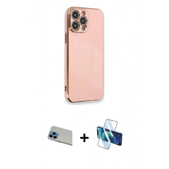 MARSİLYAN™- iPhone 13 Pro Max Kılıf Yankı Serisi - Siyah 3D Antistatik Cam Ekran Koruyucu + Rainbow Kamera Lens Koruma Cam - MI