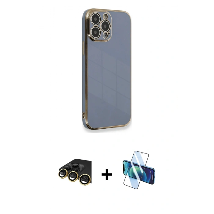 MARSİLYAN™- iPhone 13 Pro Max Kılıf Yankı Serisi - Siyah 3D Antistatik Cam Ekran Koruyucu + Raze Metal Kamera Lens - GD