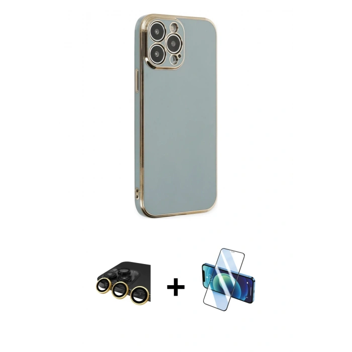MARSİLYAN™- iPhone 13 Pro Max Kılıf Yankı Serisi - Siyah 3D Antistatik Cam Ekran Koruyucu + Raze Metal Kamera Lens - GD
