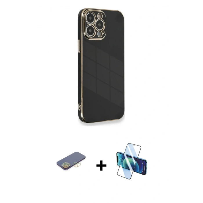 MARSİLYAN™- iPhone 13 Pro Max Kılıf Yankı Serisi - Siyah 3D Antistatik Cam Ekran Koruyucu + Renkli Kamera Lens Koruma Cam - SI