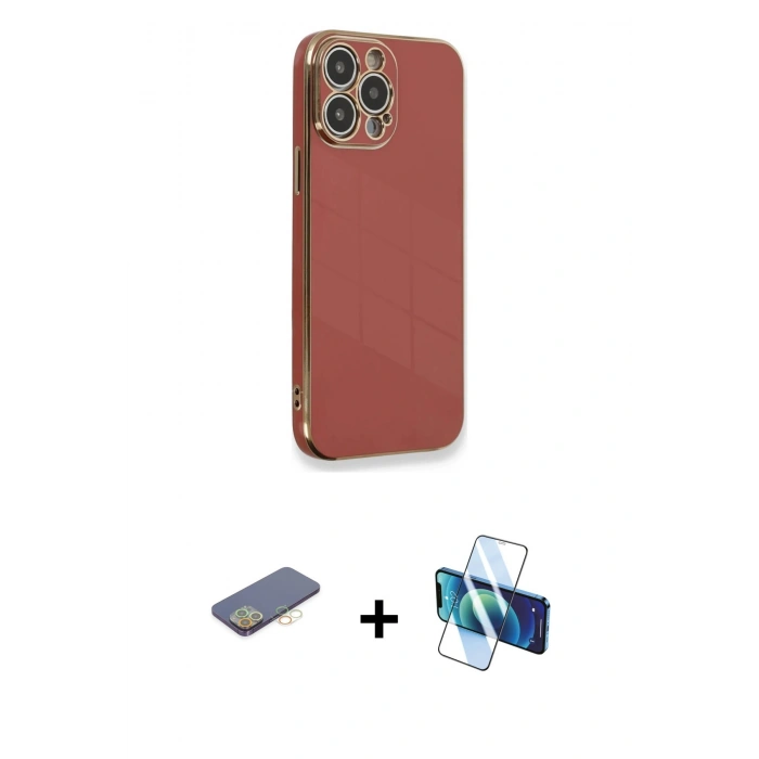 MARSİLYAN™- iPhone 13 Pro Max Kılıf Yankı Serisi - Siyah 3D Antistatik Cam Ekran Koruyucu + Renkli Kamera Lens Koruma Cam - SI