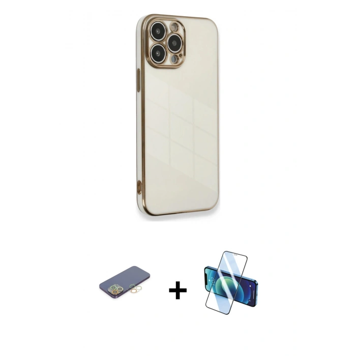 MARSİLYAN™- iPhone 13 Pro Max Kılıf Yankı Serisi - Siyah 3D Antistatik Cam Ekran Koruyucu + Renkli Kamera Lens Koruma Cam - SI