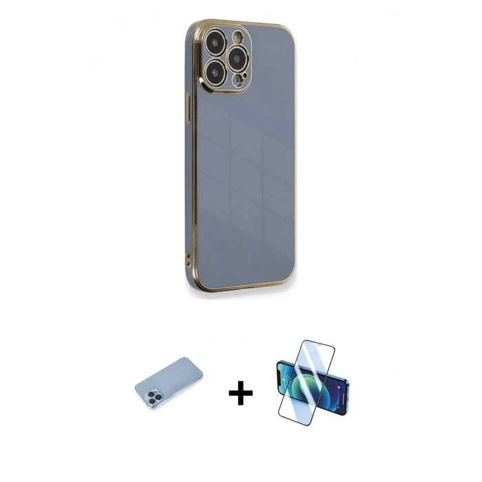 MARSİLYAN™- iPhone 13 Pro Max Kılıf Yankı Serisi - Siyah 3D Antistatik Cam Ekran Koruyucu + Shine Kamera Lens Koruma Cam - MI