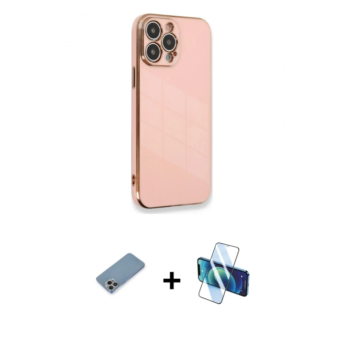 MARSİLYAN™- iPhone 13 Pro Max Kılıf Yankı Serisi - Siyah 3D Antistatik Cam Ekran Koruyucu + Shine Kamera Lens Koruma Cam - GI