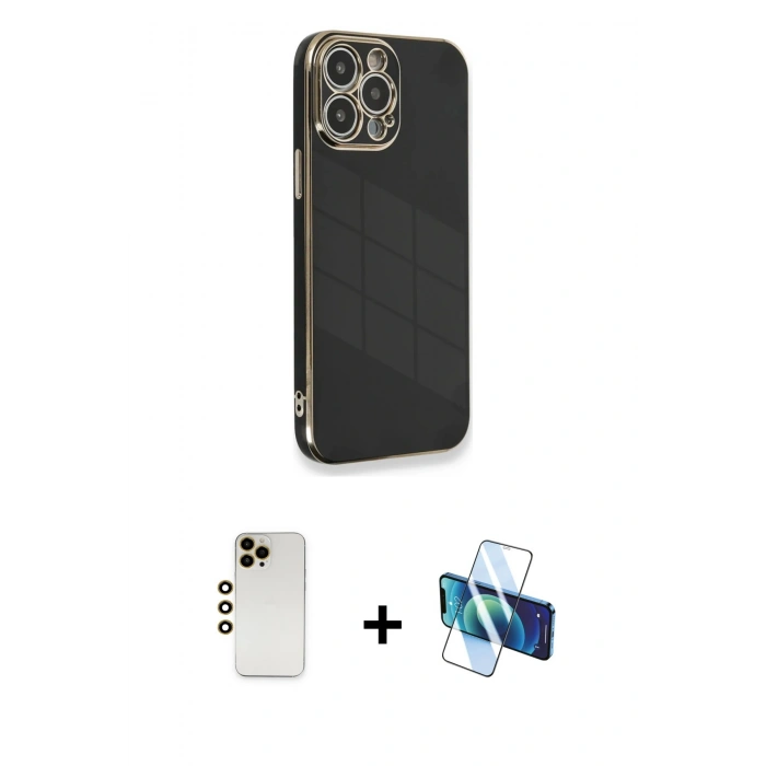 MARSİLYAN™- iPhone 13 Pro Max Kılıf Yankı Serisi - Siyah 3D Antistatik Cam Ekran Koruyucu + Shine Kamera Lens - GD