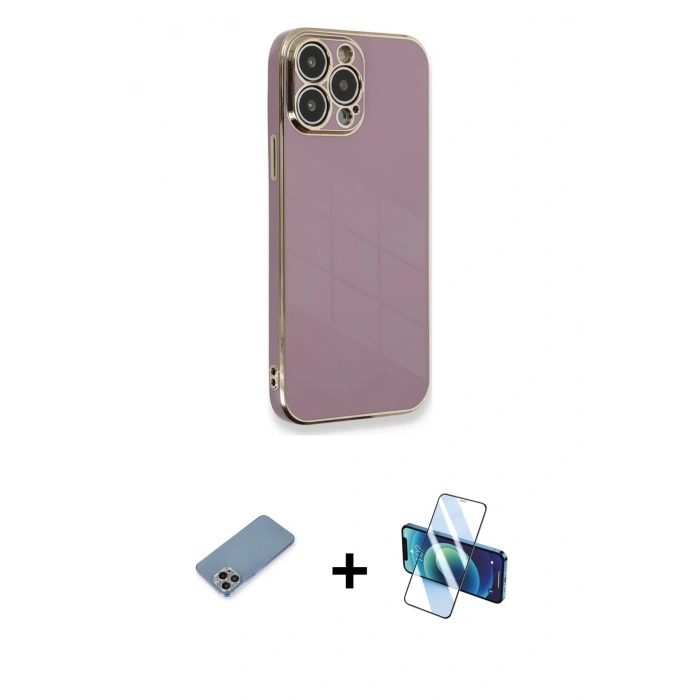 MARSİLYAN™- iPhone 13 Pro Max Kılıf Yankı Serisi - Siyah 3D Antistatik Cam Ekran Koruyucu + Shine Kamera Lens Koruma Cam - GI