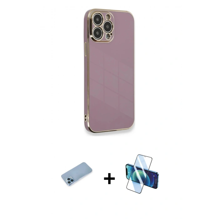 MARSİLYAN™- iPhone 13 Pro Max Kılıf Yankı Serisi - Siyah 3D Antistatik Cam Ekran Koruyucu + Shine Kamera Lens Koruma Cam - MI