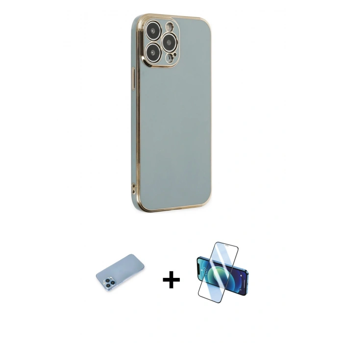 MARSİLYAN™- iPhone 13 Pro Max Kılıf Yankı Serisi - Siyah 3D Antistatik Cam Ekran Koruyucu + Shine Kamera Lens Koruma Cam - MI