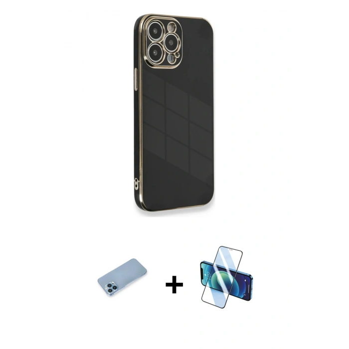 MARSİLYAN™- iPhone 13 Pro Max Kılıf Yankı Serisi - Siyah 3D Antistatik Cam Ekran Koruyucu + Shine Kamera Lens Koruma Cam - MI