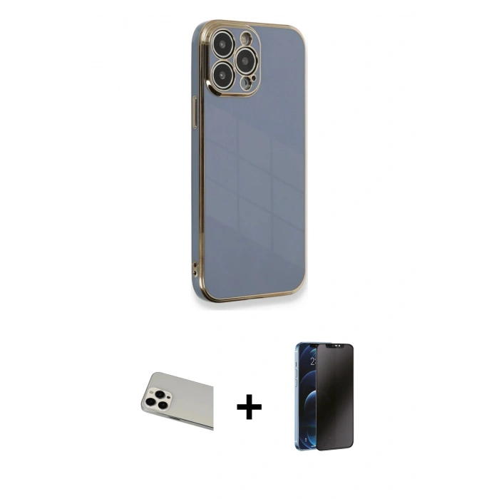 MARSİLYAN™- iPhone 13 Pro Max Kılıf Yankı Serisi - Siyah 3D Antistatik Hayalet Cam Ekran Koruyucu + Rainbow Kamera Lens Koruma Cam - BZ