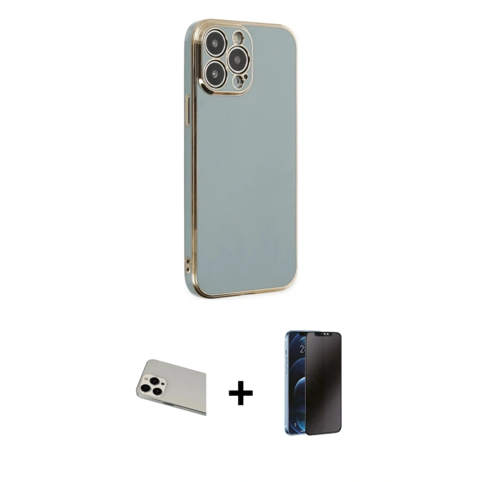 MARSİLYAN™- iPhone 13 Pro Max Kılıf Yankı Serisi - Siyah 3D Antistatik Hayalet Cam Ekran Koruyucu + Rainbow Kamera Lens Koruma Cam - BZ