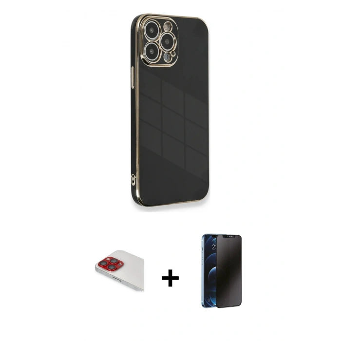 MARSİLYAN™- iPhone 13 Pro Max Kılıf Yankı Serisi - Siyah 3D Antistatik Hayalet Cam Ekran Koruyucu + Pers Alüminyum Kamera Lens - KI
