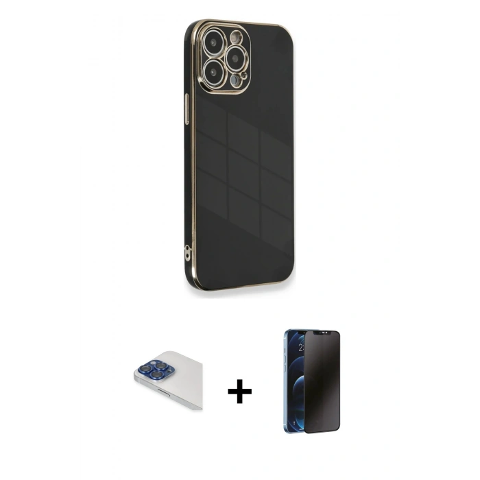 MARSİLYAN™- iPhone 13 Pro Max Kılıf Yankı Serisi - Siyah 3D Antistatik Hayalet Cam Ekran Koruyucu + Pers Alüminyum Kamera Lens - LT