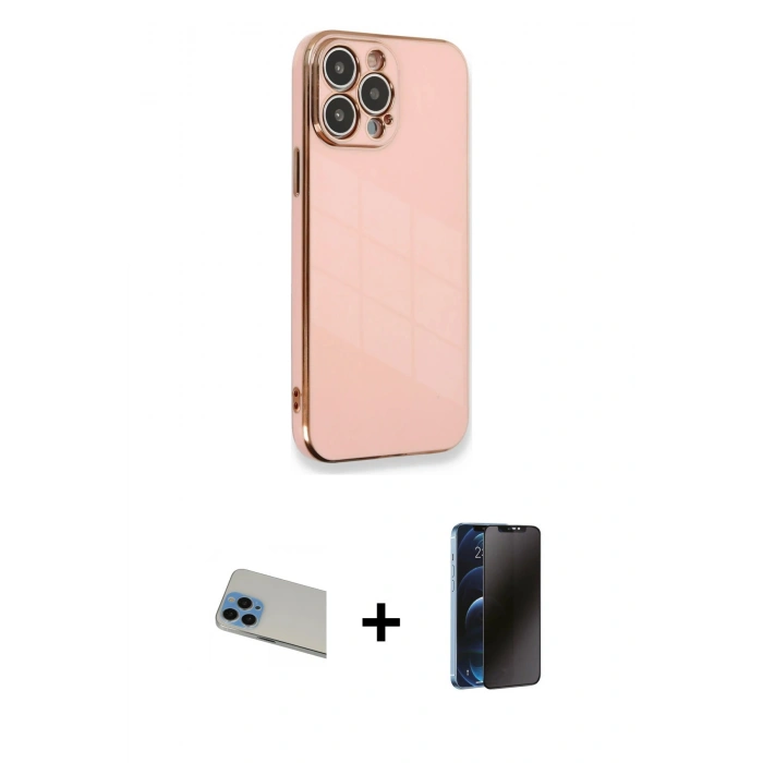 MARSİLYAN™- iPhone 13 Pro Max Kılıf Yankı Serisi - Siyah 3D Antistatik Hayalet Cam Ekran Koruyucu + Rainbow Kamera Lens Koruma Cam - MI
