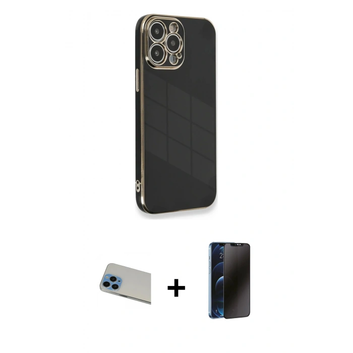 MARSİLYAN™- iPhone 13 Pro Max Kılıf Yankı Serisi - Siyah 3D Antistatik Hayalet Cam Ekran Koruyucu + Rainbow Kamera Lens Koruma Cam - MI