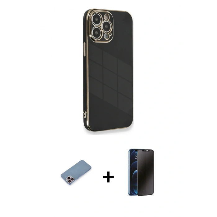 MARSİLYAN™- iPhone 13 Pro Max Kılıf Yankı Serisi - Siyah 3D Antistatik Hayalet Cam Ekran Koruyucu + Shine Kamera Lens Koruma Cam - PE