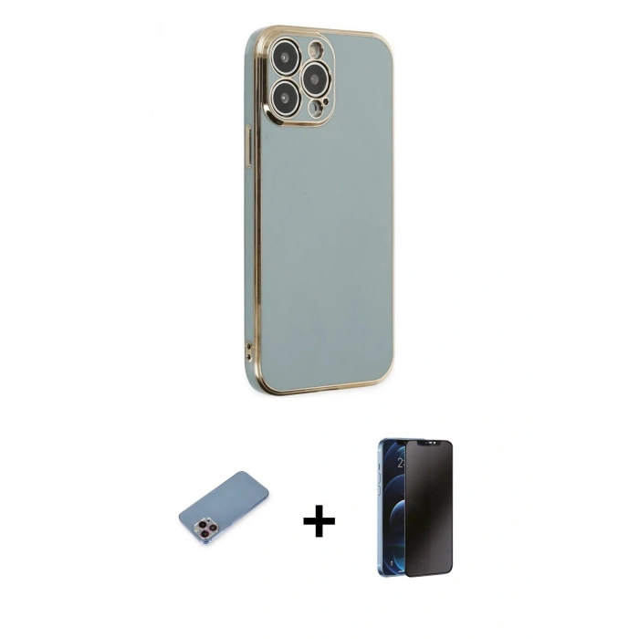 MARSİLYAN™- iPhone 13 Pro Max Kılıf Yankı Serisi - Siyah 3D Antistatik Hayalet Cam Ekran Koruyucu + Shine Kamera Lens Koruma Cam - PE