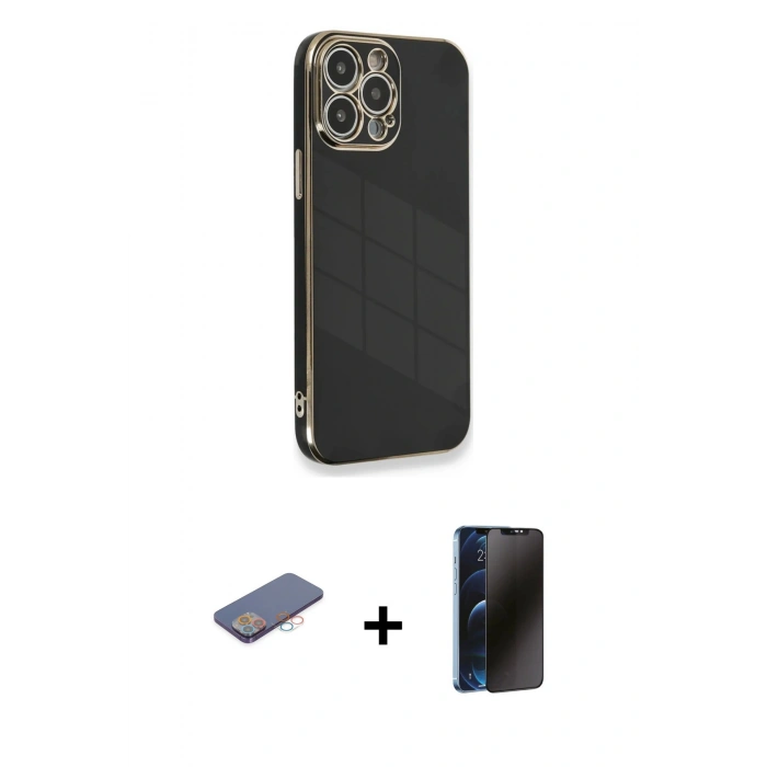 MARSİLYAN™- iPhone 13 Pro Max Kılıf Yankı Serisi - Siyah 3D Antistatik Hayalet Cam Ekran Koruyucu + Pembe Renkli Kamera Lens Koruma Cam