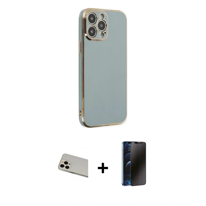 MARSİLYAN™- iPhone 13 Pro Max Kılıf Yankı Serisi - Siyah 3D Antistatik Hayalet Cam Ekran Koruyucu + Rainbow Kamera Lens Koruma Cam - REGD