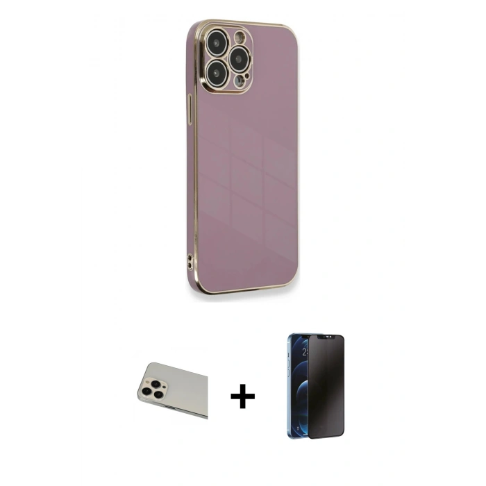 MARSİLYAN™- iPhone 13 Pro Max Kılıf Yankı Serisi - Siyah 3D Antistatik Hayalet Cam Ekran Koruyucu + Rainbow Kamera Lens Koruma Cam - REGD