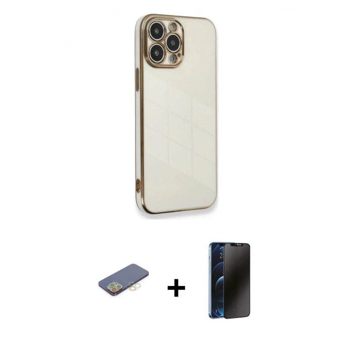 MARSİLYAN™- iPhone 13 Pro Max Kılıf Yankı Serisi - Siyah 3D Antistatik Hayalet Cam Ekran Koruyucu + Renkli Kamera Lens Koruma Cam - SI