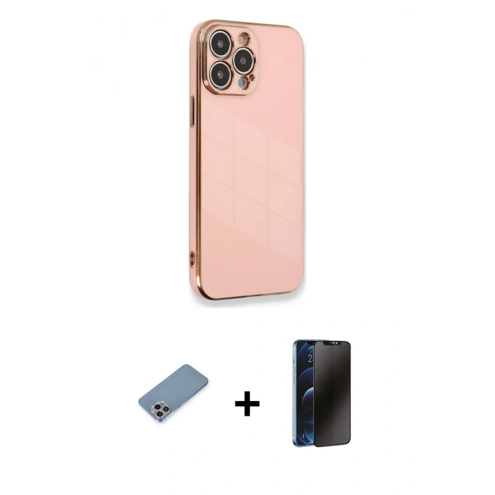 MARSİLYAN™- iPhone 13 Pro Max Kılıf Yankı Serisi - Siyah 3D Antistatik Hayalet Cam Ekran Koruyucu + Shine Kamera Lens Koruma Cam - GI