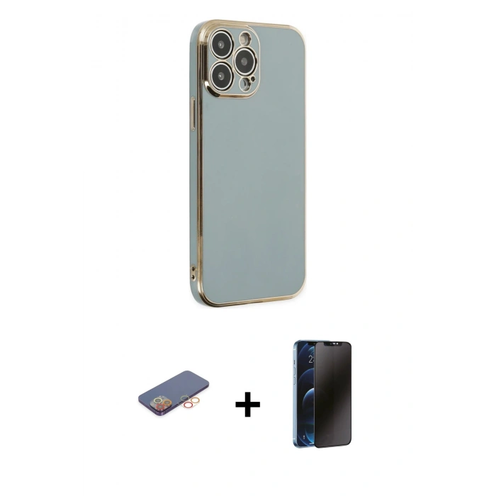 MARSİLYAN™- iPhone 13 Pro Max Kılıf Yankı Serisi - Siyah 3D Antistatik Hayalet Cam Ekran Koruyucu + Renkli Kamera Lens Koruma Cam - TU