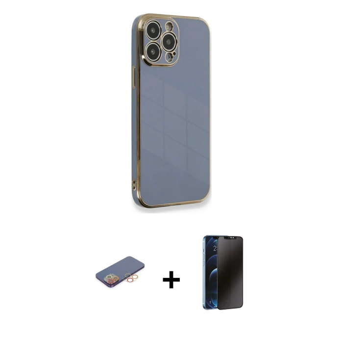 MARSİLYAN™- iPhone 13 Pro Max Kılıf Yankı Serisi - Siyah 3D Antistatik Hayalet Cam Ekran Koruyucu + Renkli Kamera Lens Koruma Cam - TU