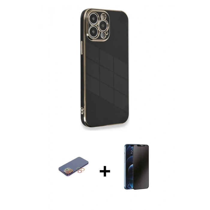 MARSİLYAN™- iPhone 13 Pro Max Kılıf Yankı Serisi - Siyah 3D Antistatik Hayalet Cam Ekran Koruyucu + Renkli Kamera Lens Koruma Cam - TU