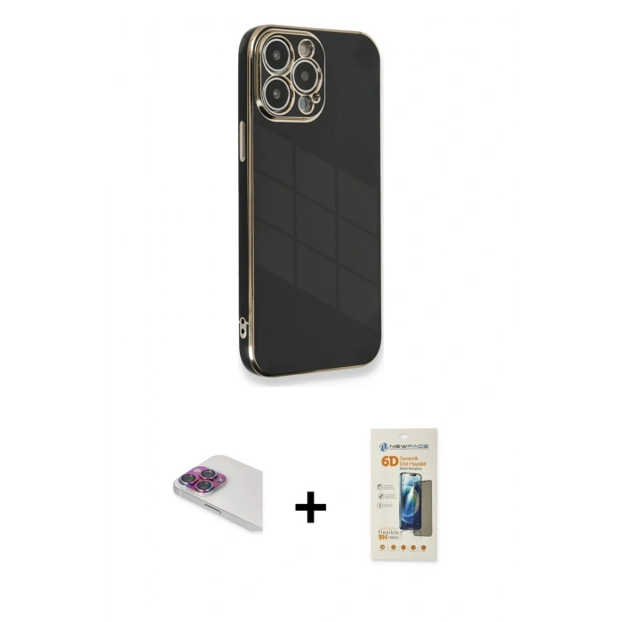 MARSİLYAN™- iPhone 13 Pro Max Kılıf Yankı Serisi - Siyah 6D Mat Seramik Hayalet Nano Ekran Koruyucu + Pers Alüminyum Kamera Lens - GI