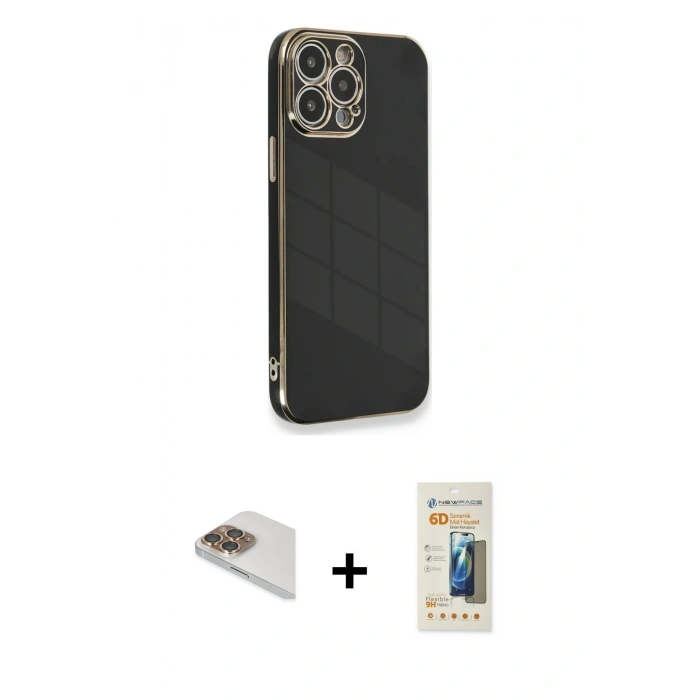 MARSİLYAN™- iPhone 13 Pro Max Kılıf Yankı Serisi - Siyah 6D Mat Seramik Hayalet Nano Ekran Koruyucu + Gold Pers Alüminyum Kamera Lens