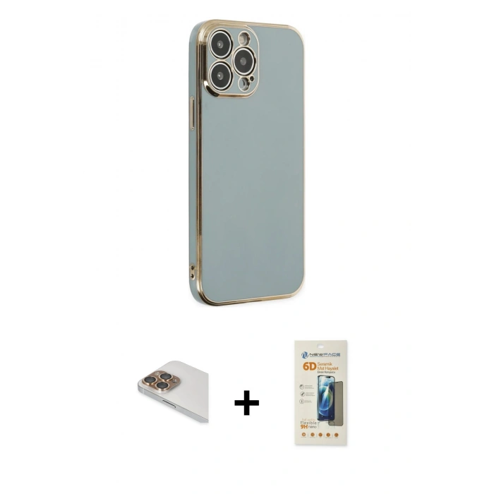 MARSİLYAN™- iPhone 13 Pro Max Kılıf Yankı Serisi - Siyah 6D Mat Seramik Hayalet Nano Ekran Koruyucu + Gold Pers Alüminyum Kamera Lens