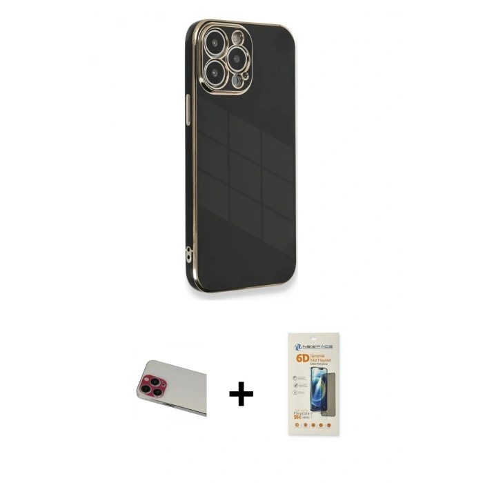 MARSİLYAN™- iPhone 13 Pro Max Kılıf Yankı Serisi - Siyah 6D Mat Seramik Hayalet Nano Ekran Koruyucu + Rainbow Kamera Lens Koruma Cam - KI
