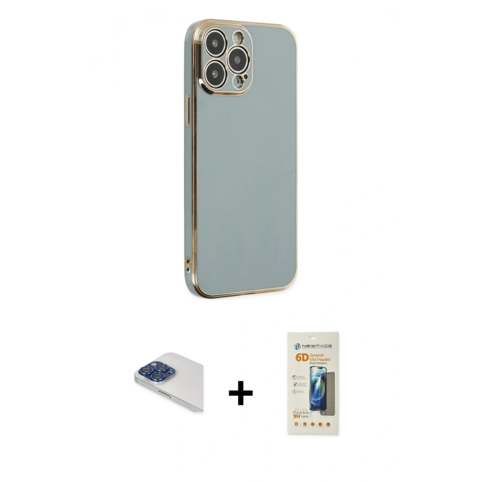 MARSİLYAN™- iPhone 13 Pro Max Kılıf Yankı Serisi - Siyah 6D Mat Seramik Hayalet Nano Ekran Koruyucu + Pers Alüminyum Kamera Lens - LT